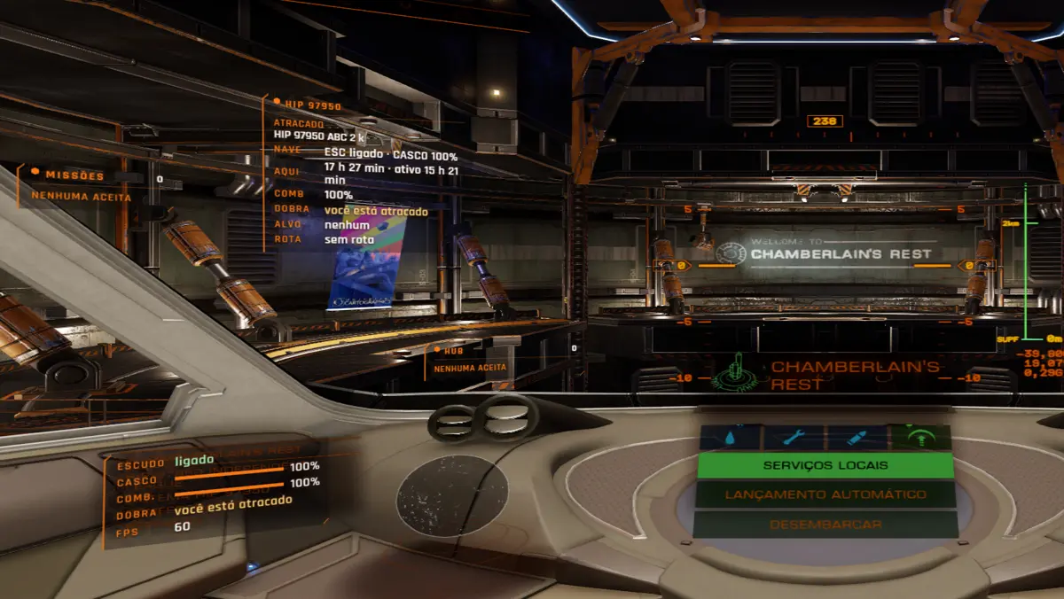 HUD do Nexus em cima do cockpit atracado, com missões, rota, alvo e o estado da nave