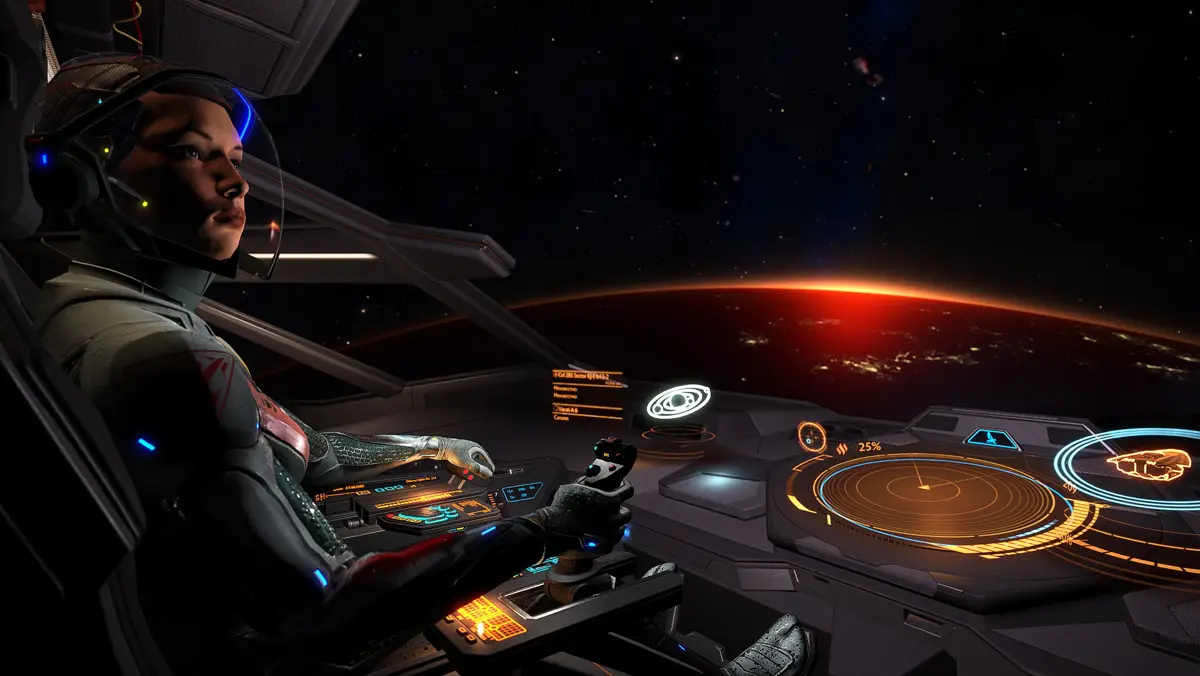 Piloto de capacete no cockpit, com o HUD do jogo aceso
